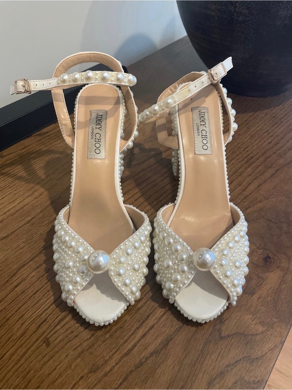 Jimmy Choo White Pearl-Embellished Strappy Heels